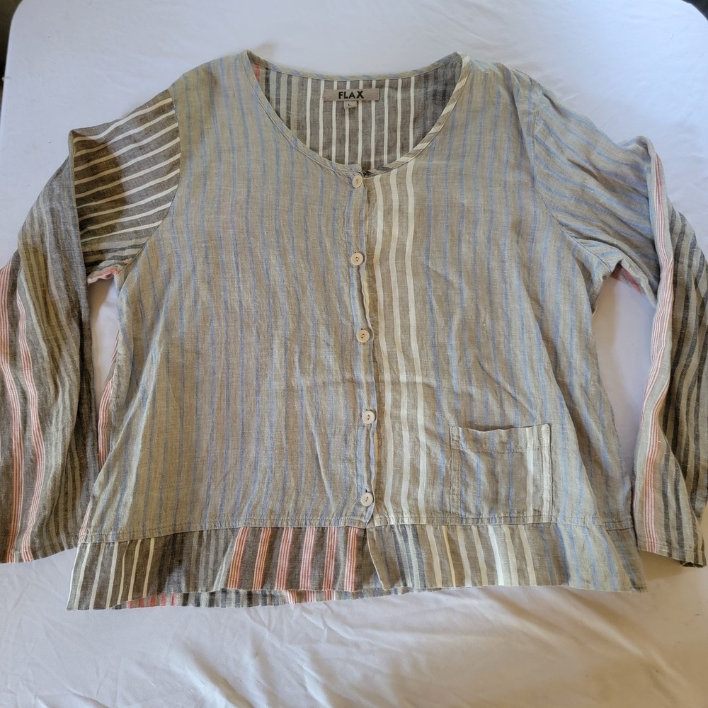 Flax Multi Stripe Coastal Grandma Button Down Linen Blouse with Pocket - Large